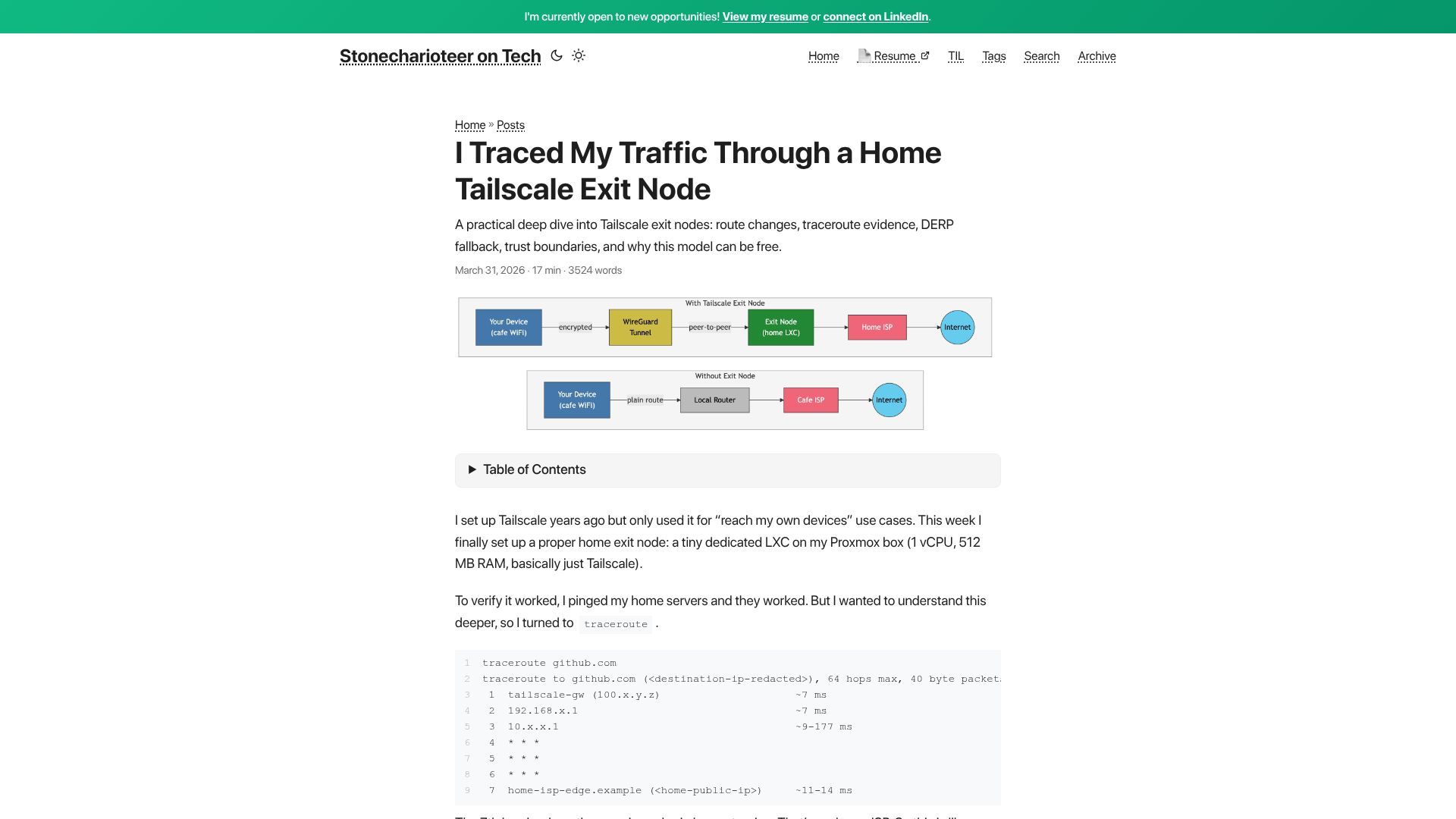 Screenshot of tech.stonecharioteer.com: I traced my traffic through a home Tailscale exit node