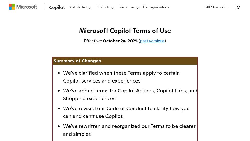 Screenshot of microsoft.com: Microsoft: Copilot is for entertainment purposes only