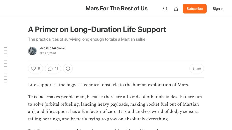 Screenshot of mceglowski.substack.com: A Primer on Long-Duration Life Support