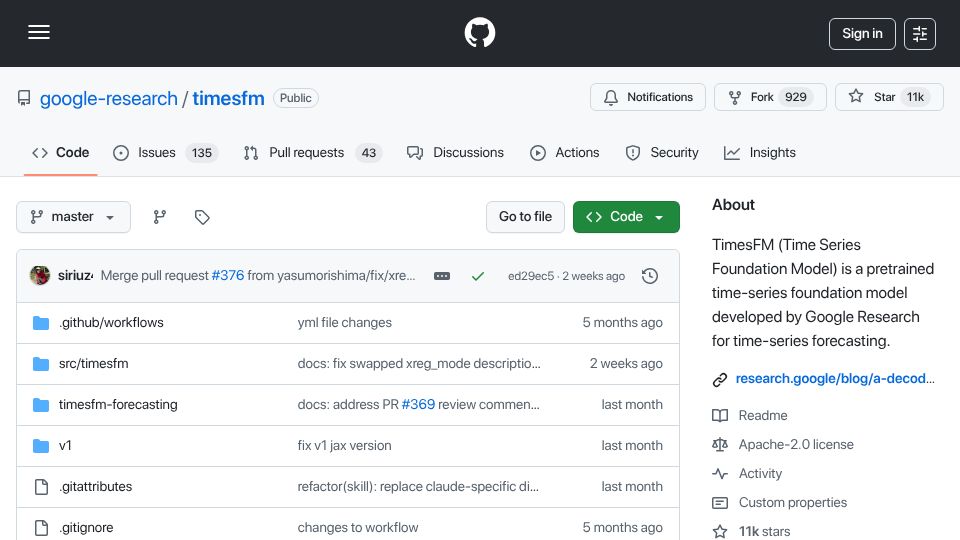 Screenshot of github.com: Google's 200M-parameter time-series foundation model with 16k context