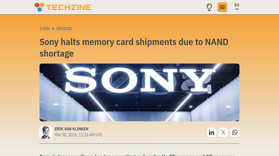 Screenshot of techzine.eu: Sony halts memory card shipments due to NAND shortage