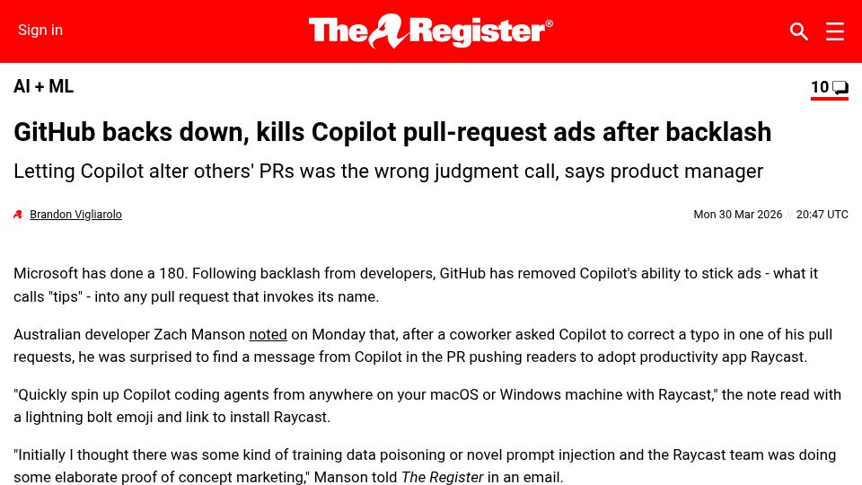 Screenshot of theregister.com: GitHub backs down, kills Copilot pull-request ads after backlash
