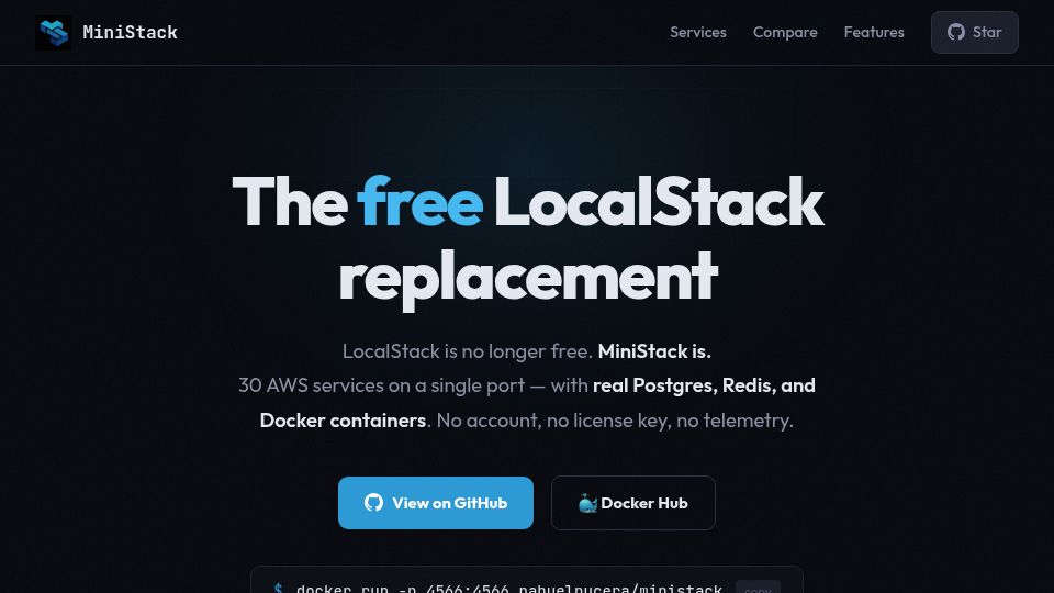 Screenshot of ministack.org: MiniStack (replacement for LocalStack)