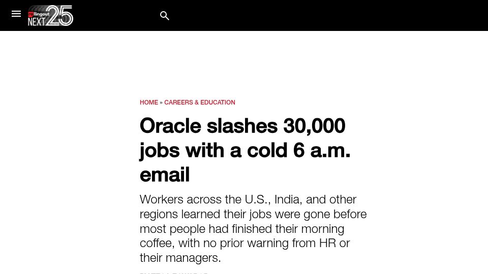 Screenshot of rollingout.com: Oracle slashes 30k jobs