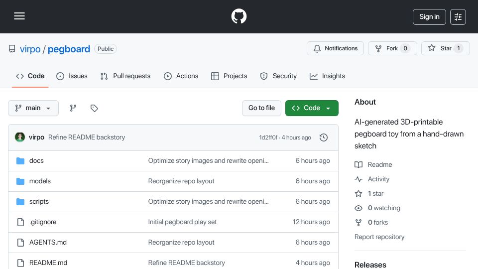 Screenshot of github.com: Show HN: I turned a sketch into a 3D-print pegboard for my kid with an AI agent