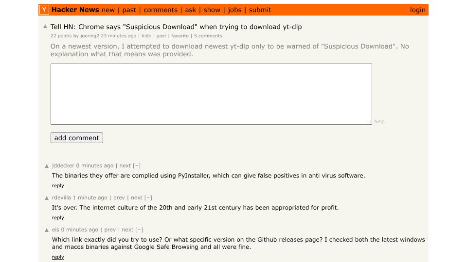 Screenshot of Hacker News post: Tell HN: Chrome says "suspicious download" when trying to download yt-dlp
