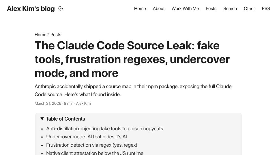 Screenshot of alex000kim.com: The Claude Code Source Leak: fake tools, frustration regexes, undercover mode