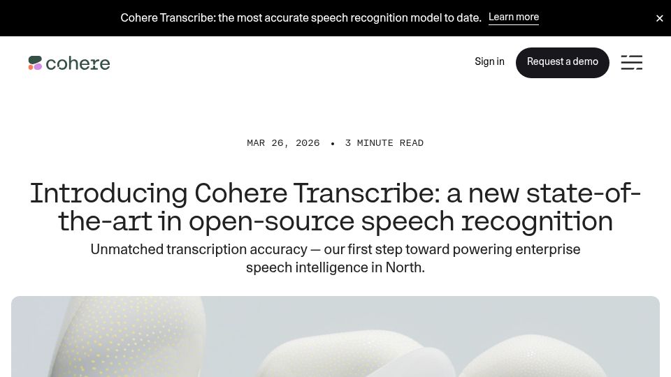 Screenshot of cohere.com: Cohere Transcribe: Speech Recognition