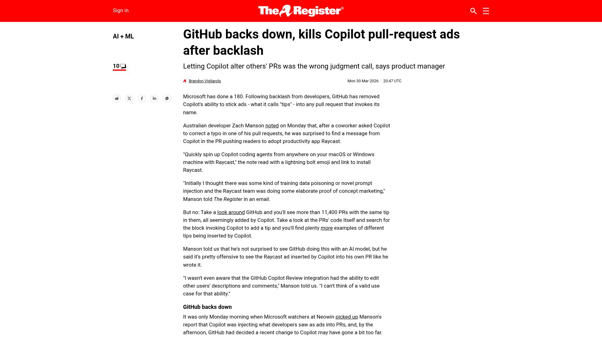Screenshot of theregister.com: GitHub backs down, kills Copilot pull-request ads after backlash