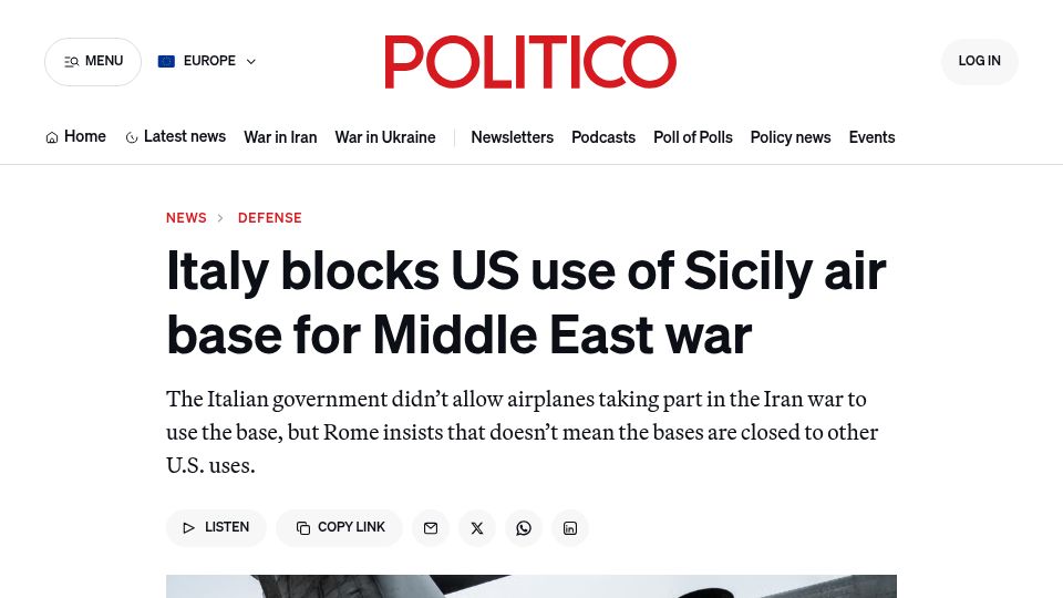 Screenshot of politico.eu: Italy blocks US use of Sicily air base for Middle East war