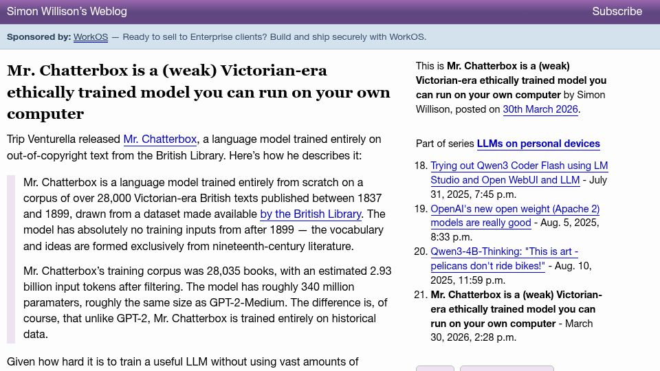 Screenshot of simonwillison.net: Mr. Chatterbox is a Victorian-era ethically trained model