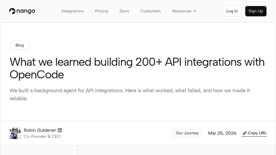 Screenshot of nango.dev: What we learned building 100 API integrations with OpenCode