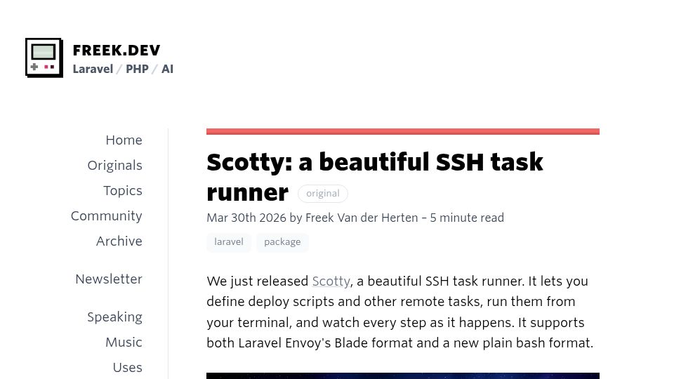 Screenshot of freek.dev: Scotty: A beautiful SSH task runner