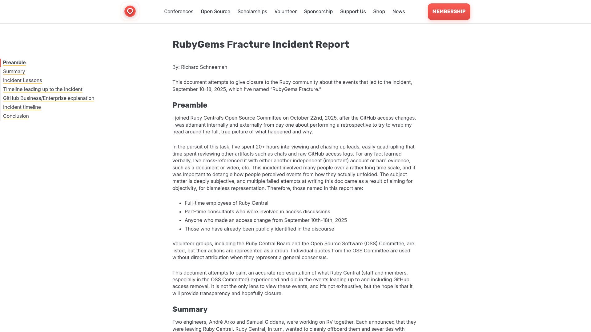 Screenshot of rubycentral.org: RubyGems Fracture Incident Report