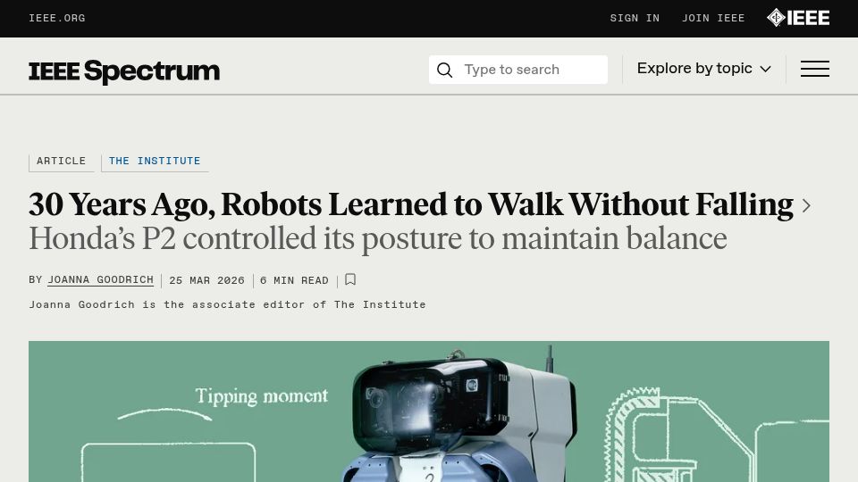 Screenshot of spectrum.ieee.org: 30 Years Ago, Robots Learned to Walk Without Falling
