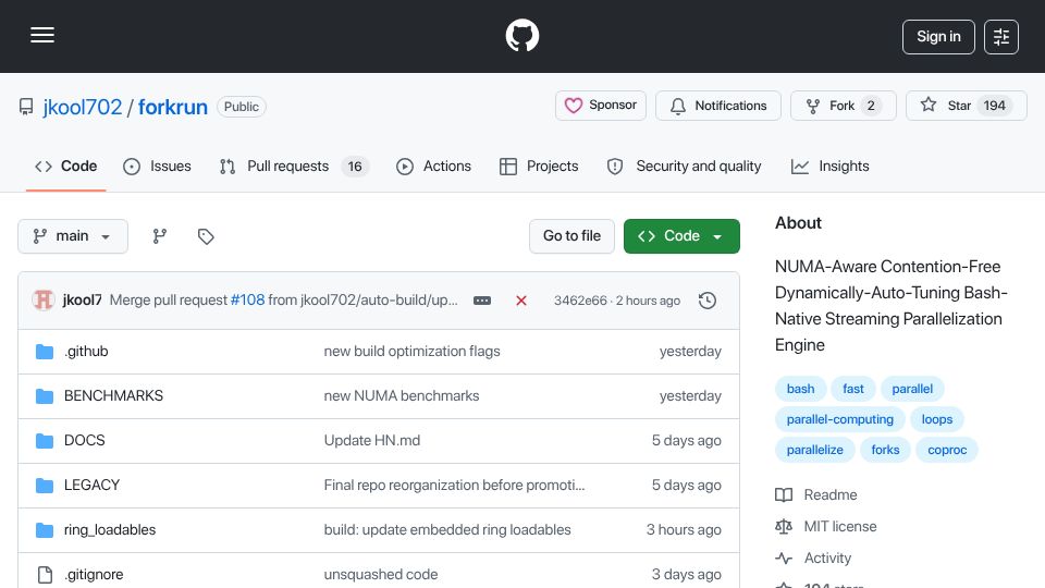 Screenshot of github.com: Show HN: Forkrun – NUMA-aware shell parallelizer (50×–400× faster than parallel)