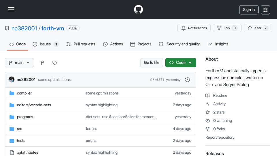 Screenshot of github.com: Forth VM and compiler written in C++ and Scryer Prolog