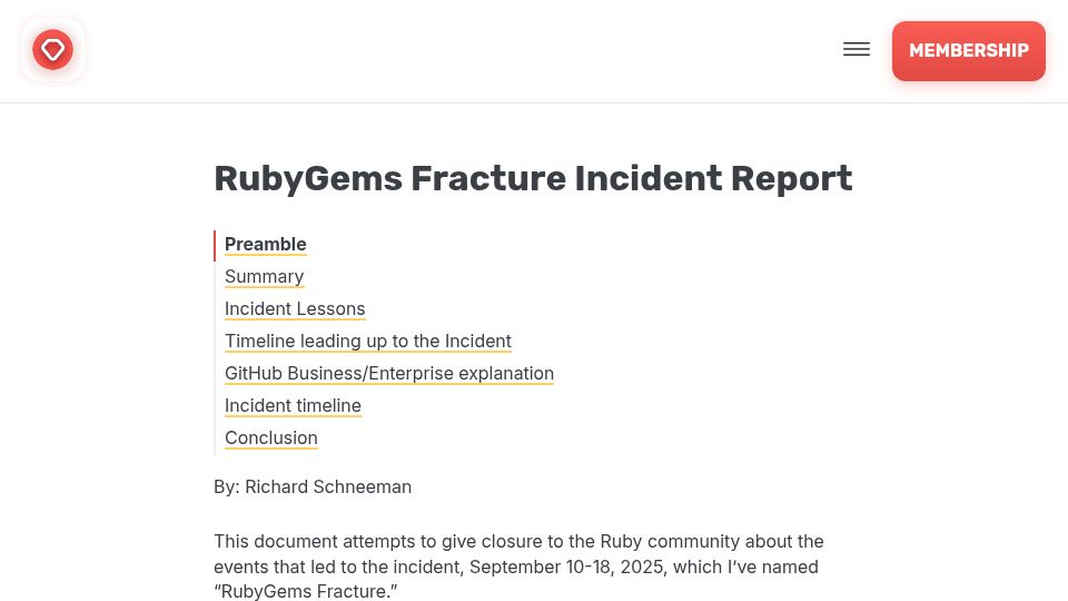 Screenshot of rubycentral.org: RubyGems Fracture Incident Report