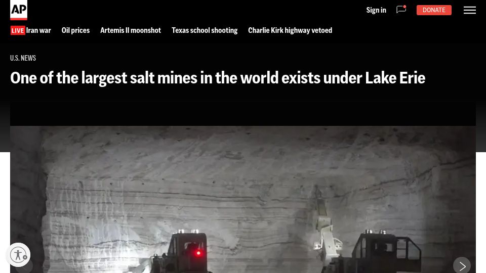 Screenshot of apnews.com: One of the largest salt mines in the world exists under Lake Erie