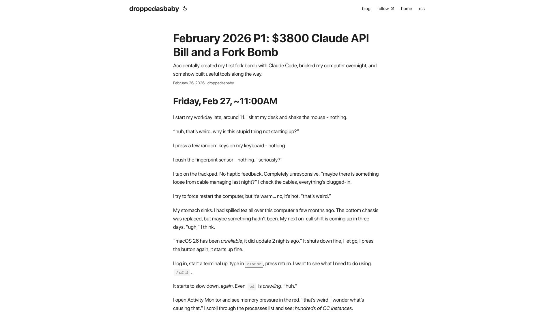 Screenshot of droppedasbaby.com: Accidentally created my first fork bomb with Claude Code