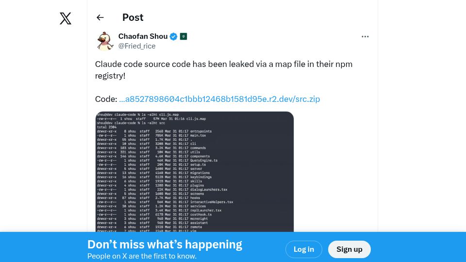 Screenshot of twitter.com: Claude Code's source code has been leaked via a map file in their NPM registry
