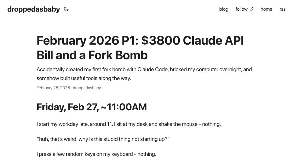 Screenshot of droppedasbaby.com: Accidentally created my first fork bomb with Claude Code