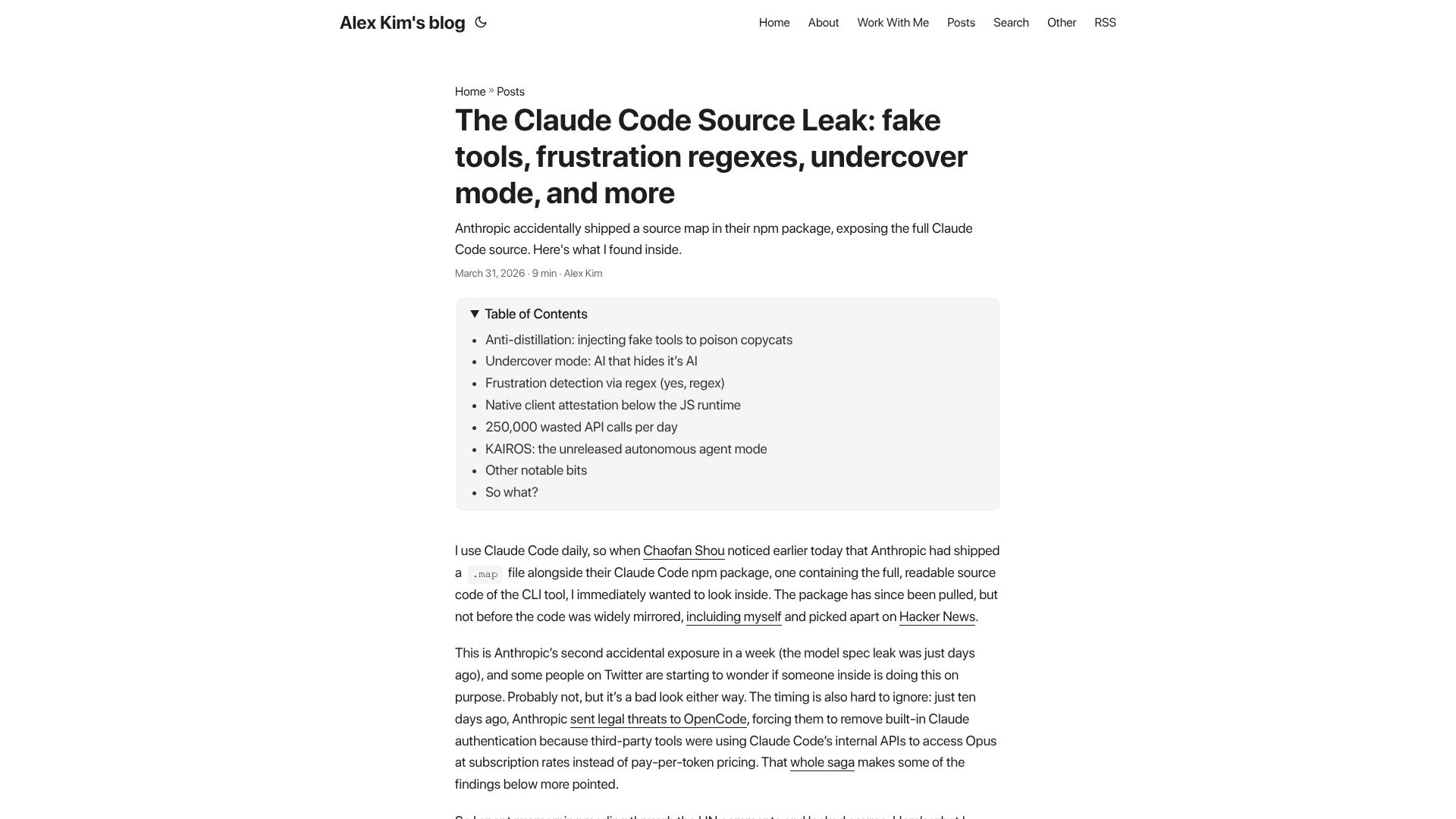 Screenshot of alex000kim.com: The Claude Code Source Leak: fake tools, frustration regexes, undercover mode