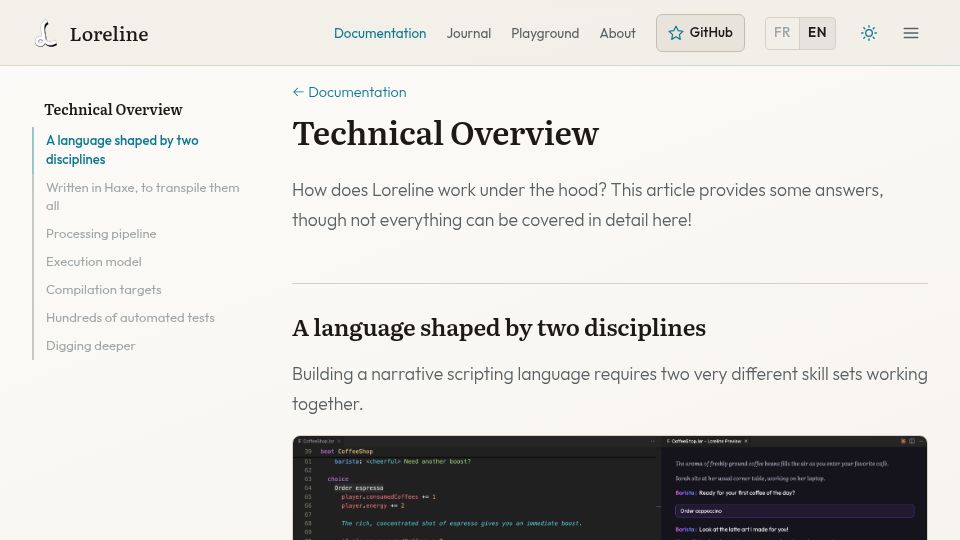 Screenshot of loreline.app: Show HN: Loreline, narrative language transpiled via Haxe: C++/C#/JS/Java/Py/Lua