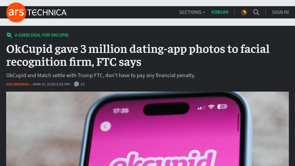 Screenshot of arstechnica.com: OkCupid gave 3M dating-app photos to facial recognition firm, FTC says