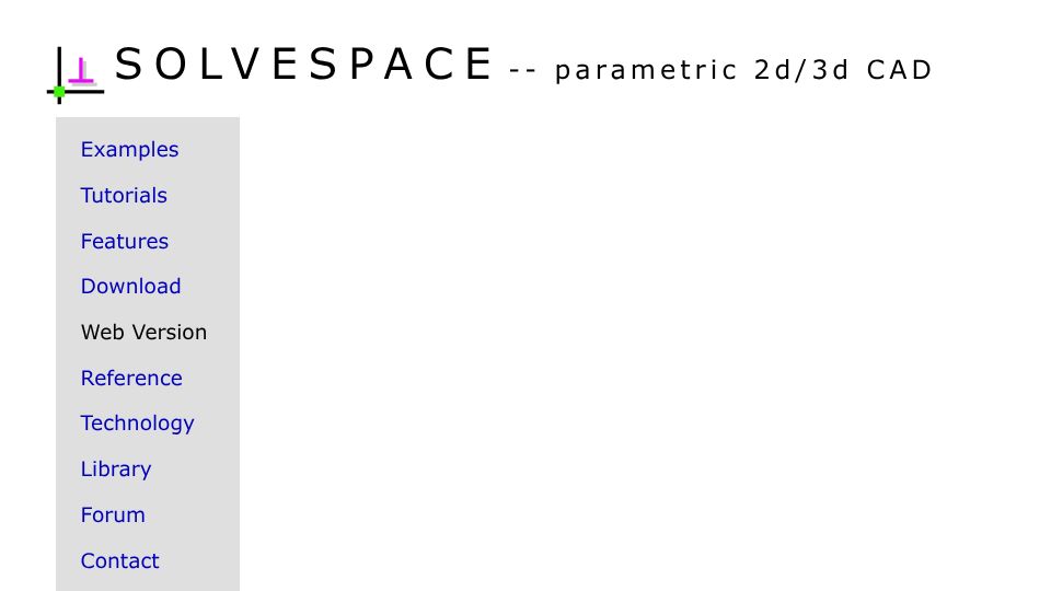 Screenshot of solvespace.com: Open source CAD in the browser (Solvespace)