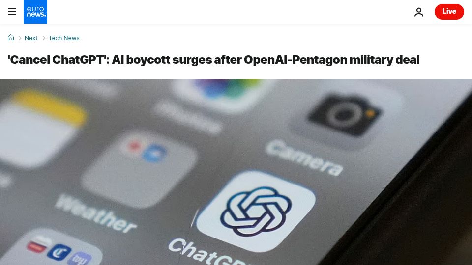 Screenshot of euronews.com: Cancel ChatGPT AI boycott surges after OpenAI pentagon military deal