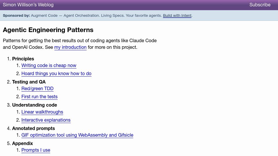Screenshot of simonwillison.net: Agentic Engineering Patterns
