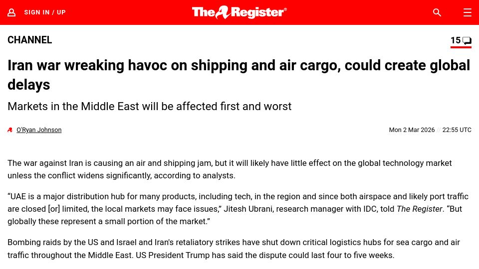 Screenshot of theregister.com: Iran war wreaking havoc on shipping and air cargo, could create global delays