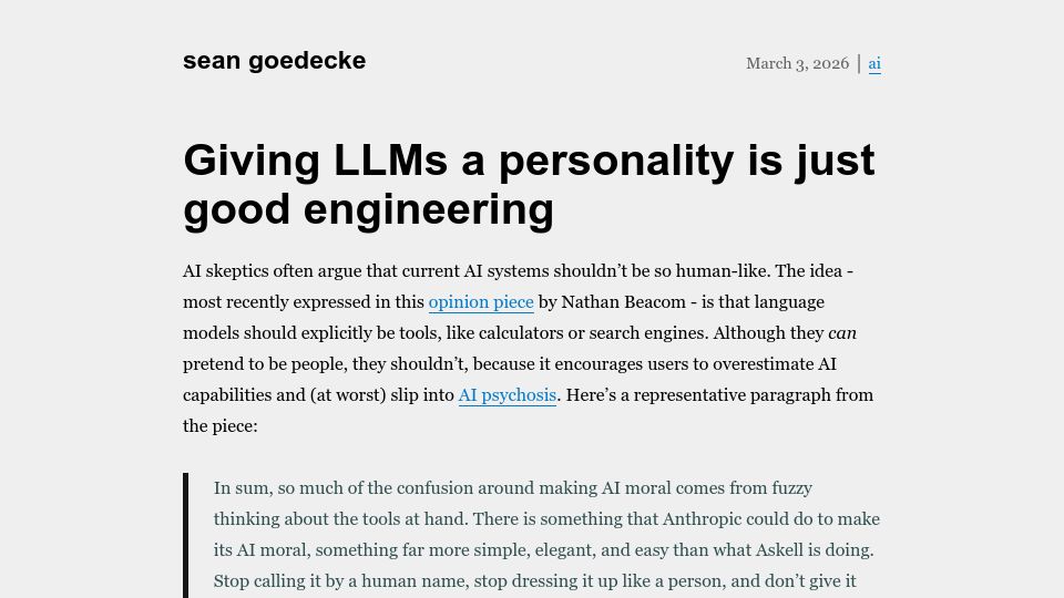 Screenshot of seangoedecke.com: Giving LLMs a personality is just good engineering