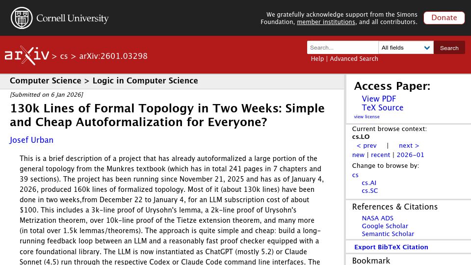 Screenshot of arxiv.org: 130k Lines of Formal Topology: Simple and Cheap Autoformalization for Everyone?