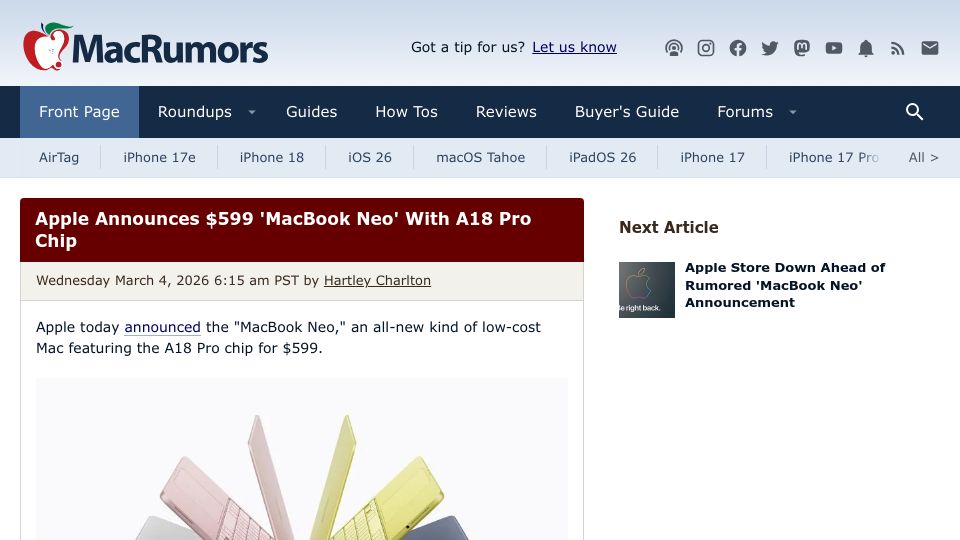 Screenshot of macrumors.com: Apple Announces Low-Cost 'MacBook Neo' with A18 Pro Chip