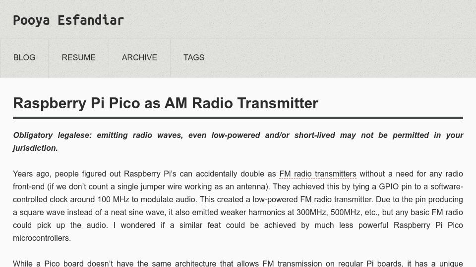 Screenshot of pesfandiar.com: Raspberry Pi Pico as AM Radio Transmitter