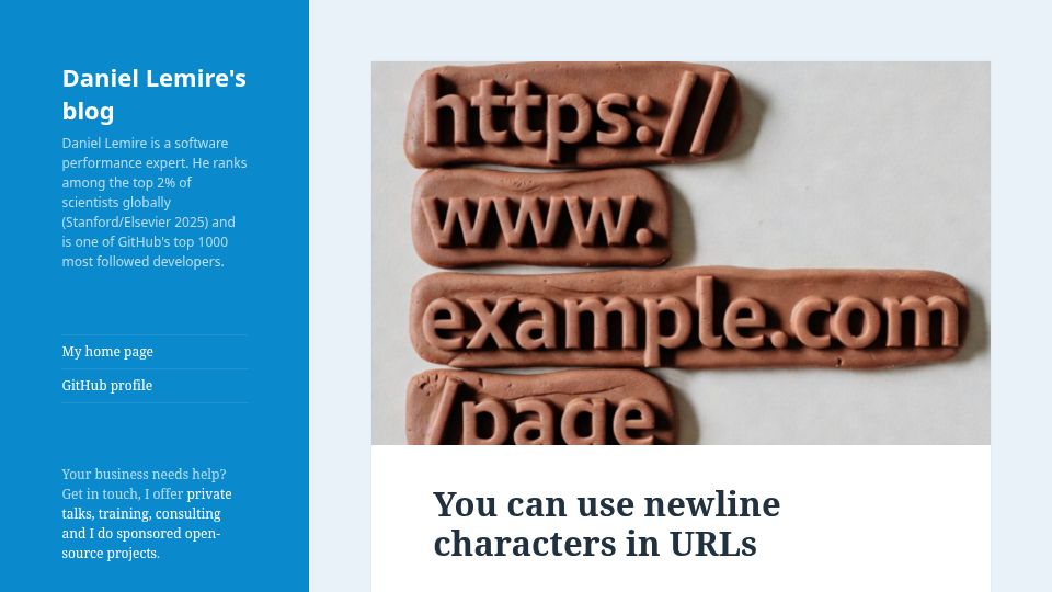 Screenshot of lemire.me: You can use newline characters in URLs