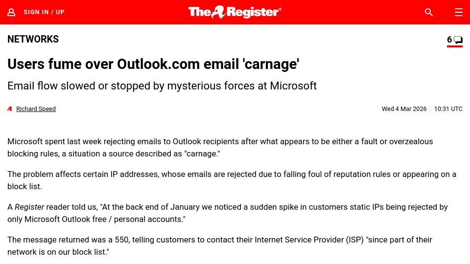 Screenshot of theregister.com: Emails to Outlook.com rejected due to a fault or overzealous blocking rules
