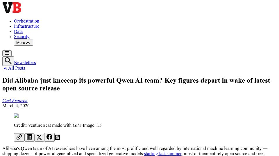 Screenshot of venturebeat.com: Did Alibaba just kneecap its powerful Qwen AI team?
