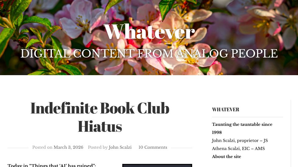 Screenshot of whatever.scalzi.com: Indefinite Book Club Hiatus