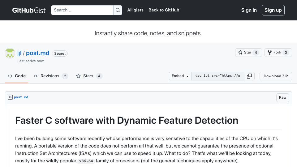 Screenshot of gist.github.com: Faster C software with Dynamic Feature Detection