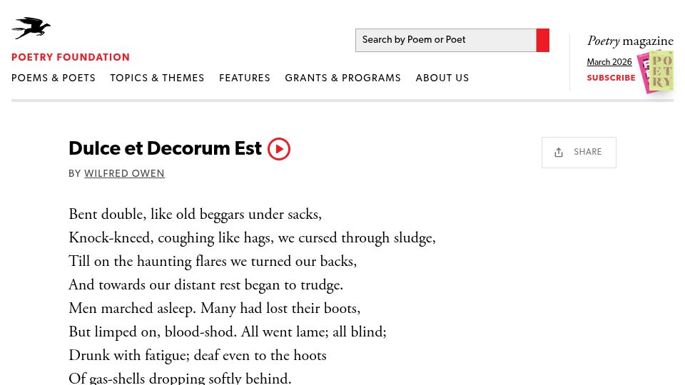 Screenshot of poetryfoundation.org: Dulce et Decorum Est (1921)