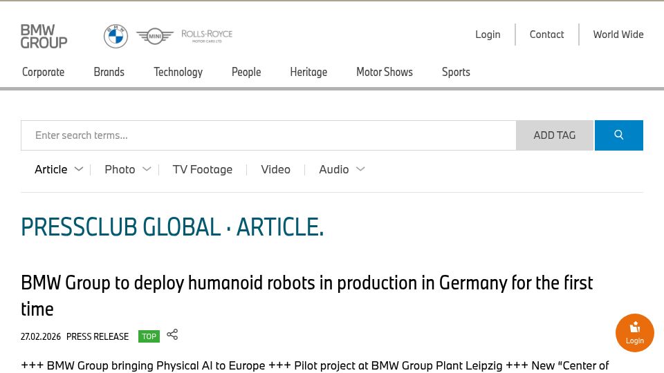 Screenshot of press.bmwgroup.com: BMW Group to deploy humanoid robots in production in Germany for the first time