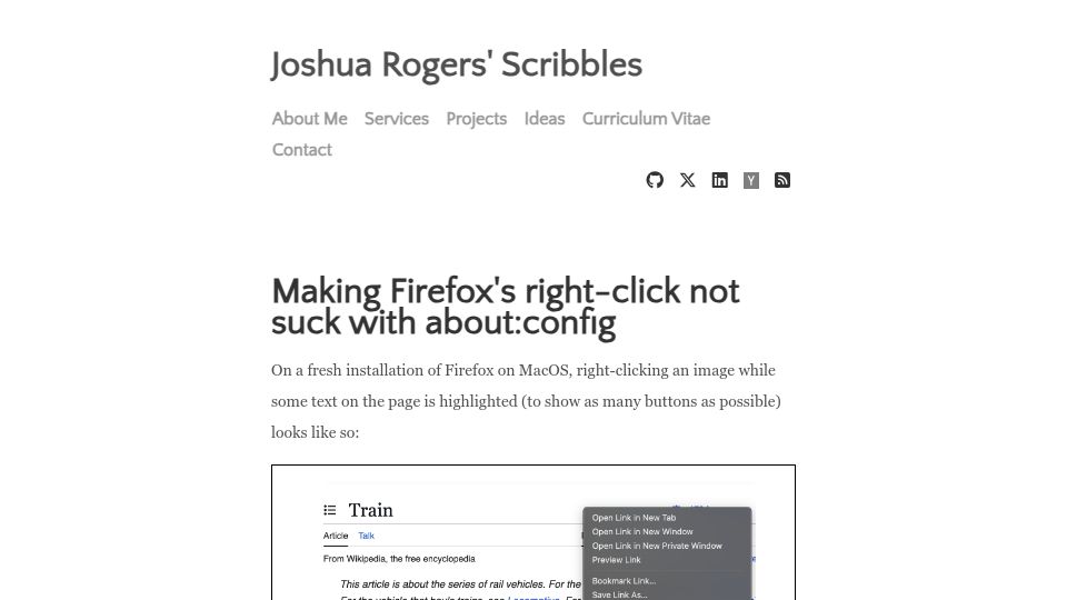 Screenshot of joshua.hu: Making Firefox's right-click not suck with about:config