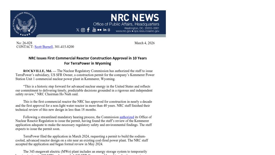 Screenshot of nrc.gov: NRC issues first commercial reactor construction approval in 10 years [pdf]