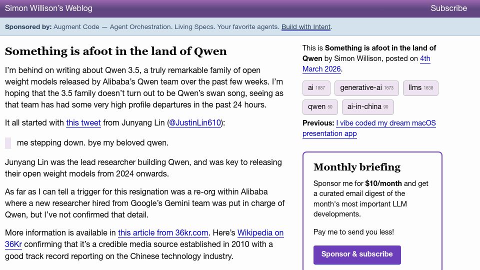 Screenshot of simonwillison.net: Something is afoot in the land of Qwen