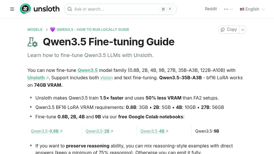 Screenshot of unsloth.ai: Qwen3.5 Fine-Tuning Guide