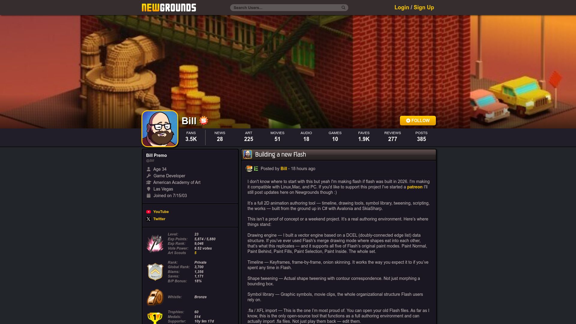Screenshot of bill.newgrounds.com: Building a new Flash