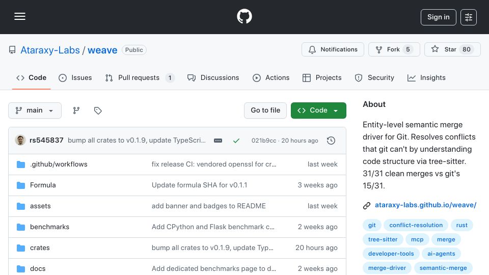 Screenshot of github.com: Weave – A language aware merge algorithm based on entities